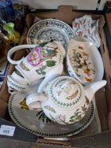 A box of Portmeirion 'Botanic Garden' pottery including clock, coffee pot, tea pot, platters, etc.