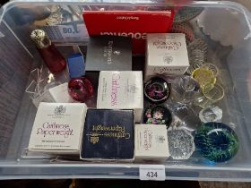 A box of mainly glass paperweights including Caithness and Waterford.