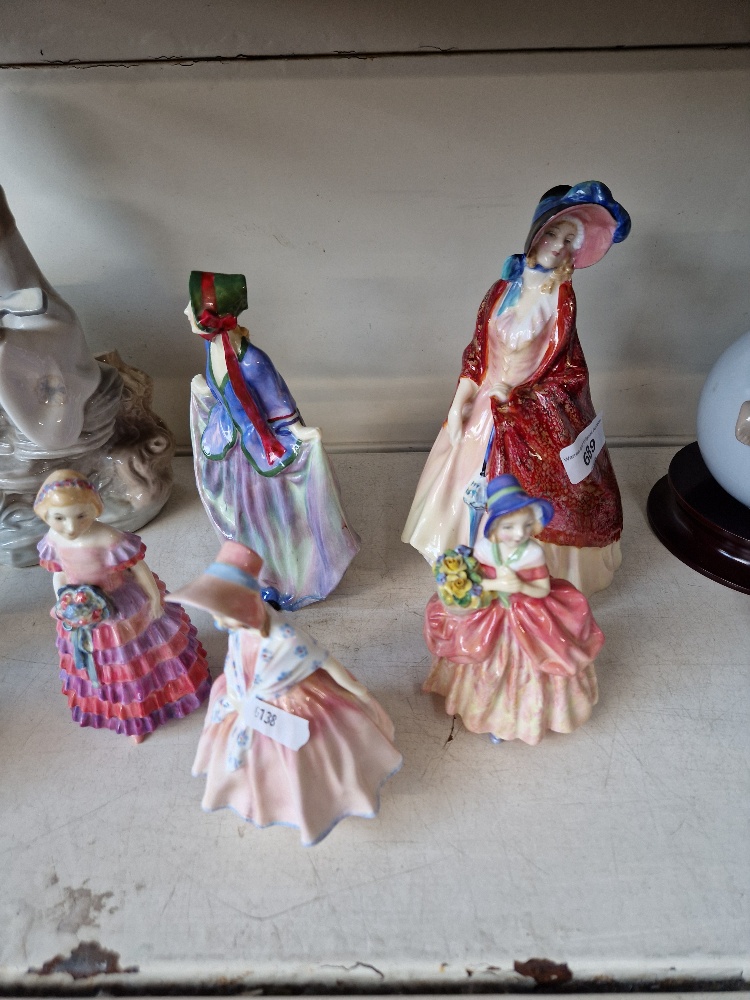 Five Royal Doulton figures: Paisley Shawl HN1987, Sweet Anne HN1318, The Little Bridesmaid HN1433,