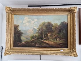 19th century school, oil on canvas, landscape scene, 89.5cm x 54cm, unsigned, gilt frame, 112cm x