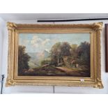 19th century school, oil on canvas, landscape scene, 89.5cm x 54cm, unsigned, gilt frame, 112cm x