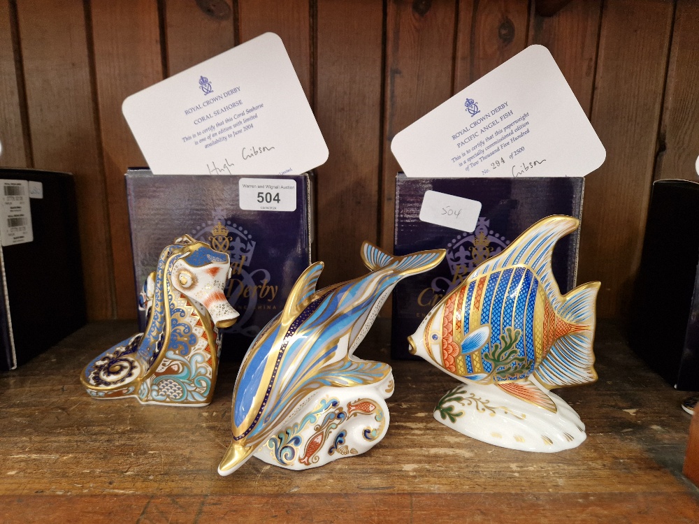 Three Royal Crown Derby paperweights; Limited edition Coral Seahorse, gold stopper, original box,