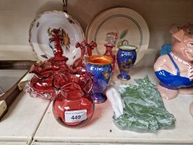 A mixed lot of glass and porcelain including an Art Nouveau wall pocket , a selection of cranberry