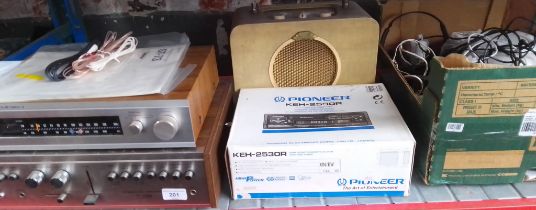 A Sony amplifier and tuner, Pioneer car radio, Ever Ready radio, Robert radio etc