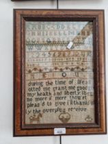 An 18th century sampler, dated 1778, framed and glazed 32cm x 44cm (overall).