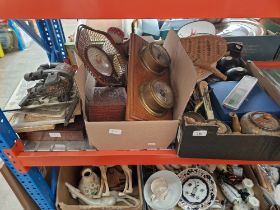 Two boxes of assorted collectables including bowls, fans, treen, clock/barometer etc. etc.