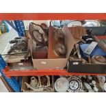 Two boxes of assorted collectables including bowls, fans, treen, clock/barometer etc. etc.