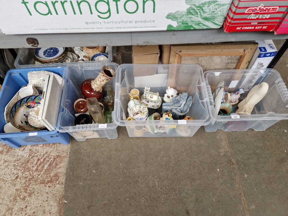 Four boxes of china ornaments and glass including Coalport pastille burners, etc.