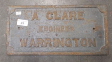 A cast metal business sign, A Clare, Engineer, Warrington