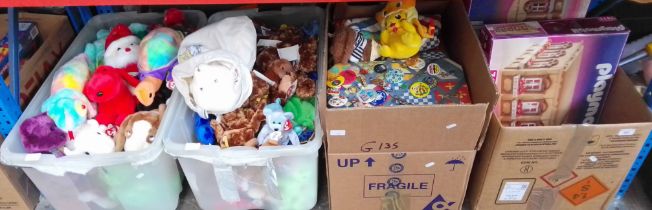 Four boxes of toys and games including Playmobil 7411, large collection of Ty Beanies, soft toys,