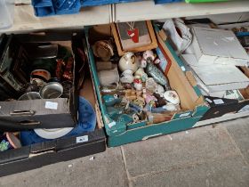 Four boxes of assorted collectables including pens, sewing machine accessories, Geobel glass...