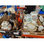 Two boxes of pottery and china including large model animals, ginger jars including Chinese, Bell