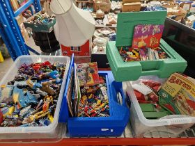 Assorted toys comprising a box of action figures, two cases of Knex and a box of Bayco
