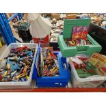 Assorted toys comprising a box of action figures, two cases of Knex and a box of Bayco