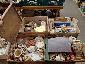 Four boxes of assorted items including china, metal ware etc. etc.