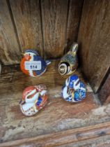 Four Royal Crown Derby paperweights; Swimming Duckling, gold stopper, no box; Blue Tit, stopper,