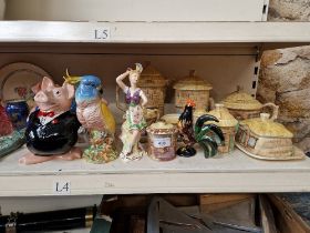 A Wedgwood & Co gypsy dancer figure, a Beswick cockatoo 1180 and a Crown Winsor cottage tea set