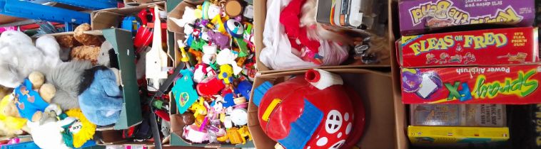 Five boxes of toys and games including Micro Machines, doll, a box of soft toys, play house, Spray