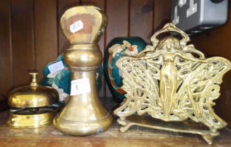 Brassware to include desk bell, large bell weight, letter rack, a brass vase and dish with enamelled