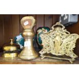 Brassware to include desk bell, large bell weight, letter rack, a brass vase and dish with enamelled