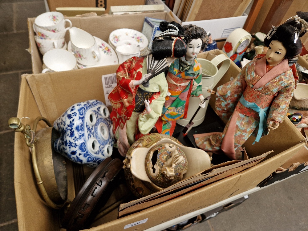 A box of assorted items including oriental, a brass gong etc.