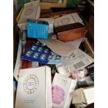 A box of assorted items including perfume bottles, pen accessories, a cribbage board etc. etc.