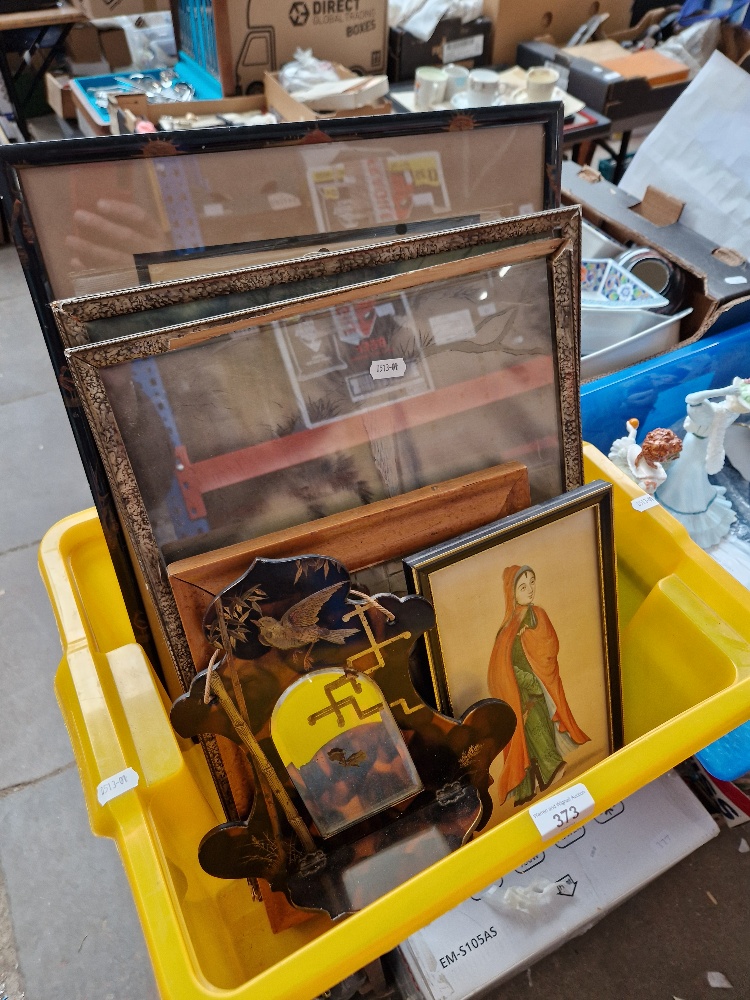 A box of assorted pictures including Oriental and an Aesthetic wall hanging mirror.