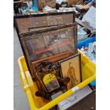 A box of assorted pictures including Oriental and an Aesthetic wall hanging mirror.