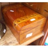 A Victorian inlaid walnut jewellery/sewing box containing a collection of playing cards.