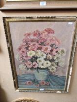 D M Downham (British, 20th century), oil on board, still life of flowers, 45cm x 60.5cm, signed to