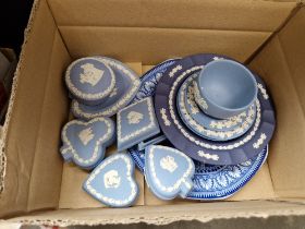 A box of mostly Wedgwood jasperware including lidded dishes, etc.