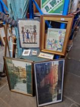 A mixed lot of pictures and frames including two framed posters of Venice, Egyptian pictures on