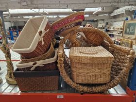 Assorted wicker baskets including large Log Holder & Brass style magazine rack