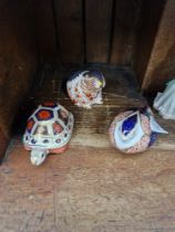 Three Royal Crown Derby paperweights; Quail, gold stopper, no box; Turtle, silver stopper, backstamp