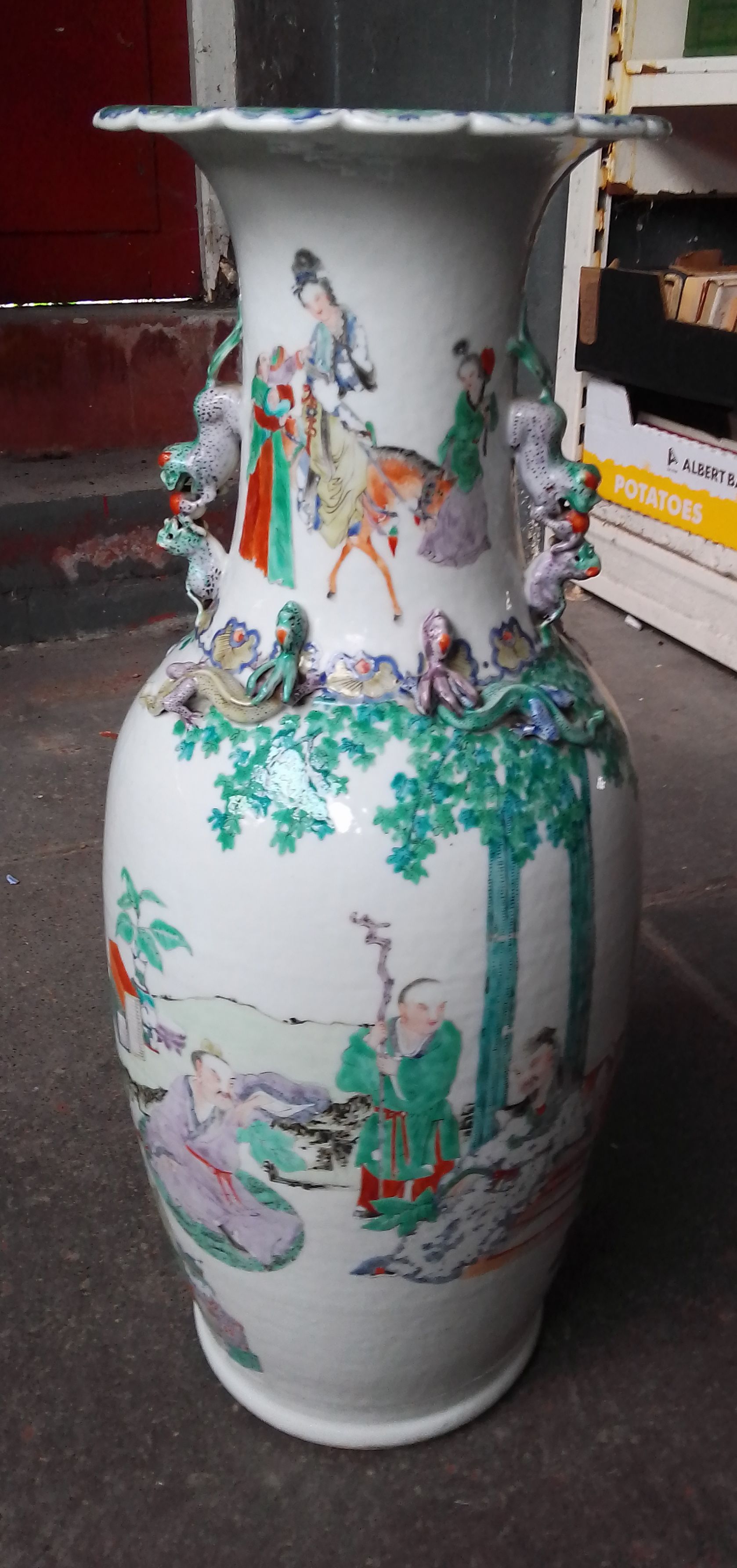 A Chinese porcelain vase, decorated in over enamels, dog handles and applied lizards, 19th - Image 3 of 11