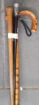 A hallmarked silver top walking stick and three others.