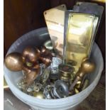 A box of brass and glass door furniture and fittings.