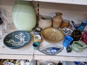 Studio pottery - 15 items including Loch Tay Pottery, Baron Barnstaple and a glazed dish decorated