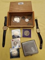 A mixed box of coins, wristwatches, including Bulova, cigarette case