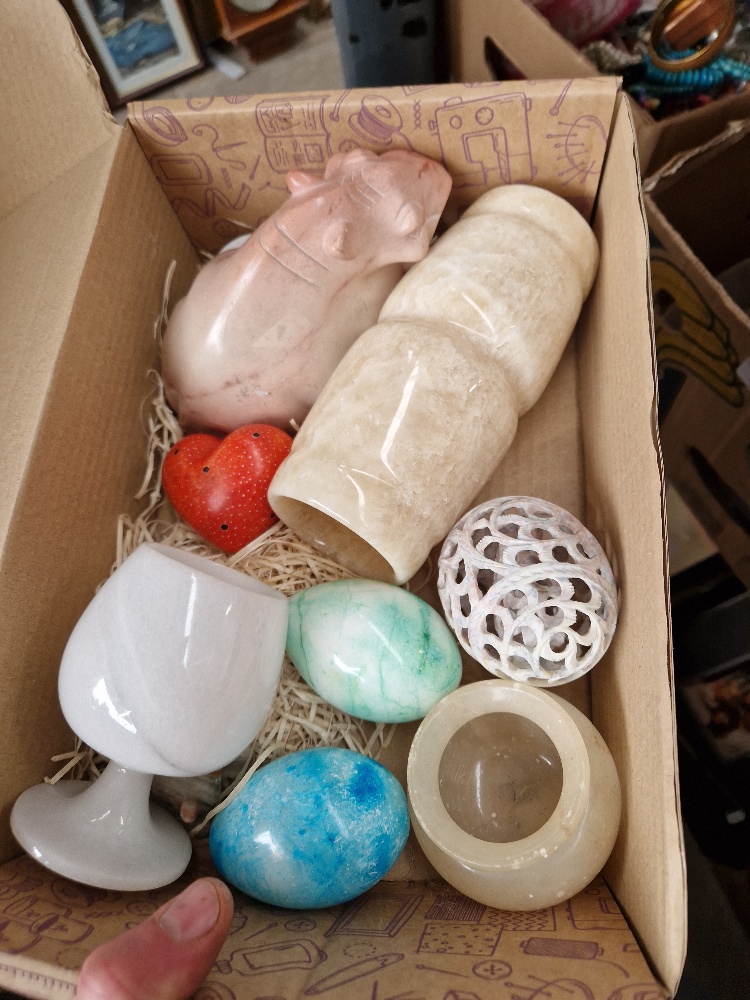 7 boxes of assorted items including pottery, ornaments including cat figures, soapstone ware... - Image 5 of 10