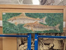 20th/21st century school, oil on canvas, two salmon, 89.5cm x 29.5cm, unframed.