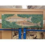 20th/21st century school, oil on canvas, two salmon, 89.5cm x 29.5cm, unframed.