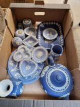 A box of assorted Wedgwood Jasperware, to include a teapot.