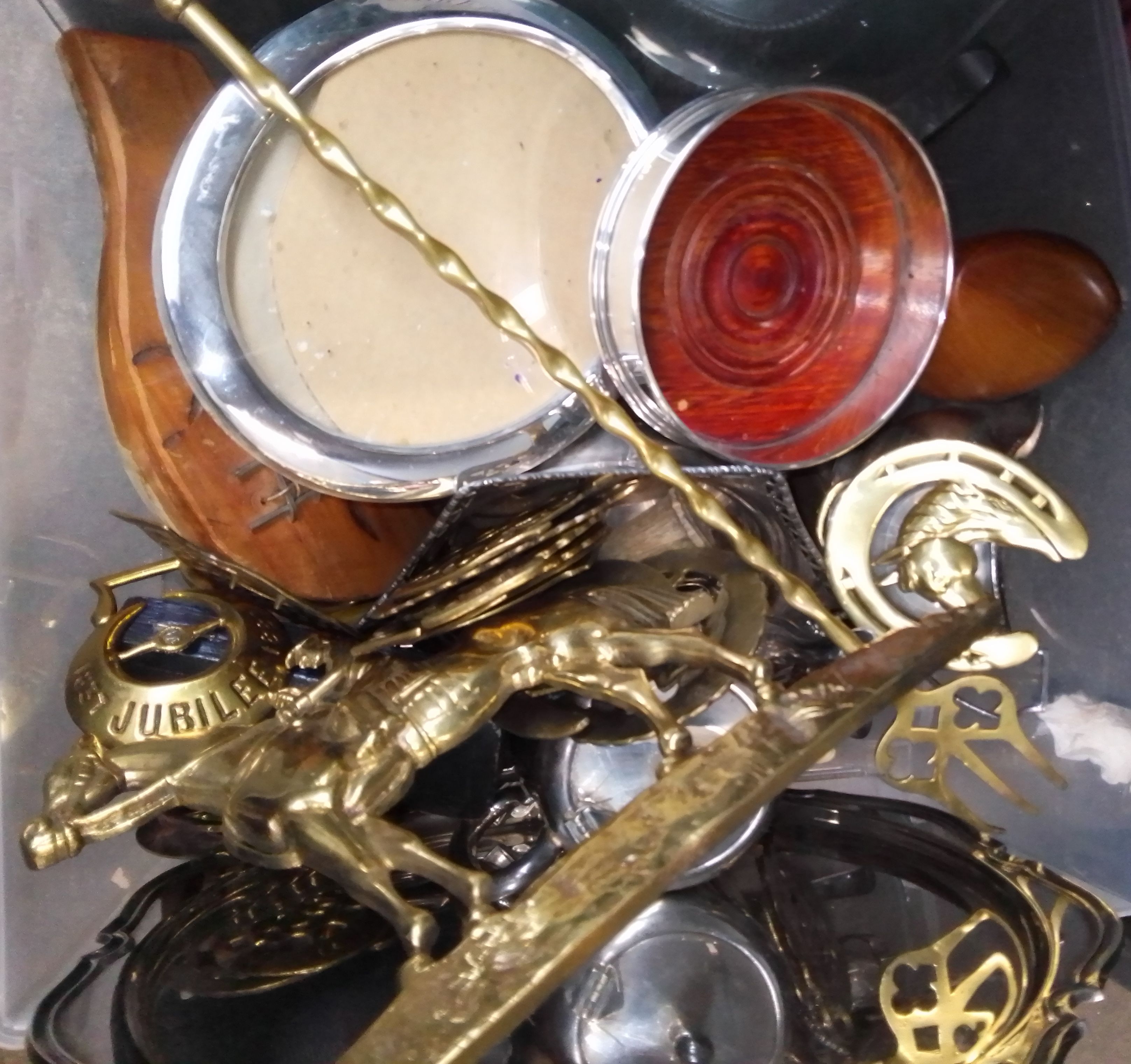 A box of assorted plated and brass items, .