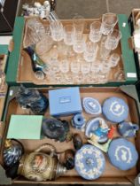 Box of ornaments and Wedgwood jasper and a box of glassware