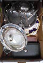 A box of silver and silver plated items to include trays, cutlery, etc.