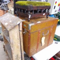 A wooden set of ladders, a small stool and a hard cased trunk.