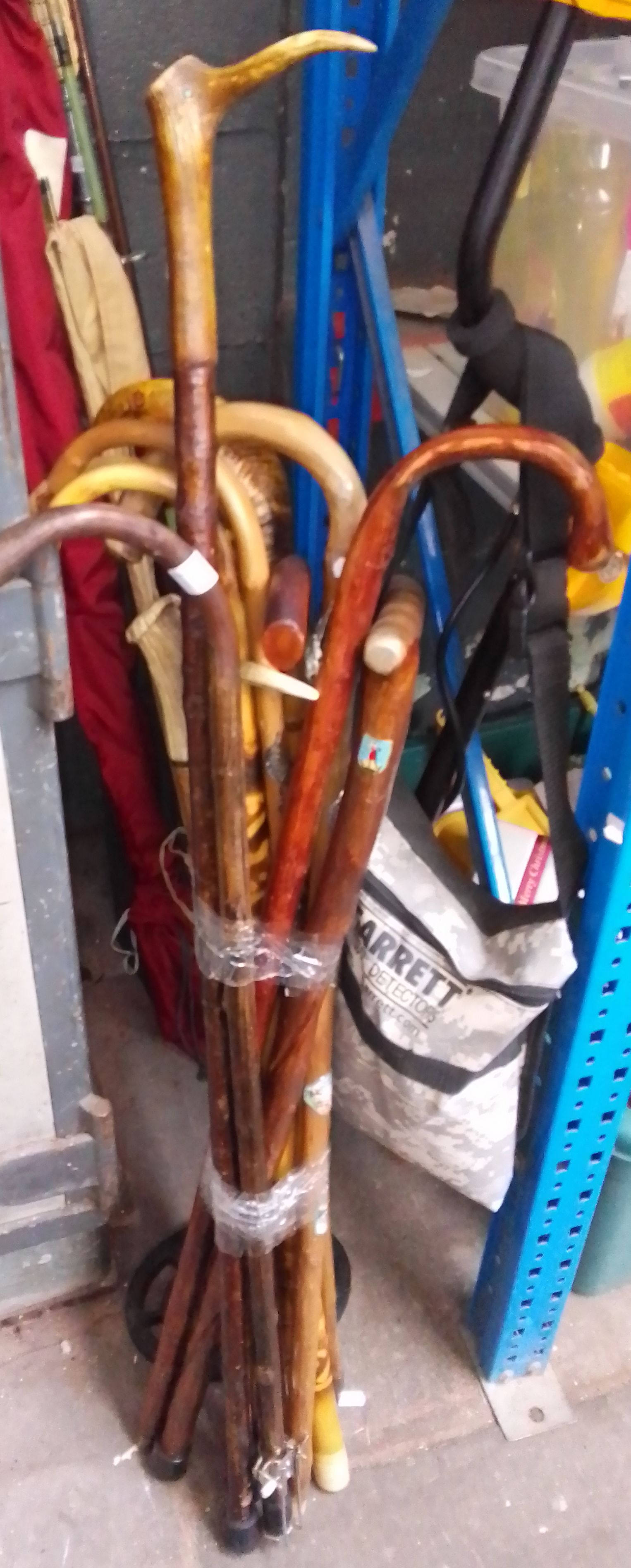 A bundle of assorted walking sticks to include some horn handled & travel badges etc.