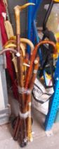 A bundle of assorted walking sticks to include some horn handled & travel badges etc.