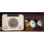 A Bush white bakelite radio together with a Westclox clock/barometer